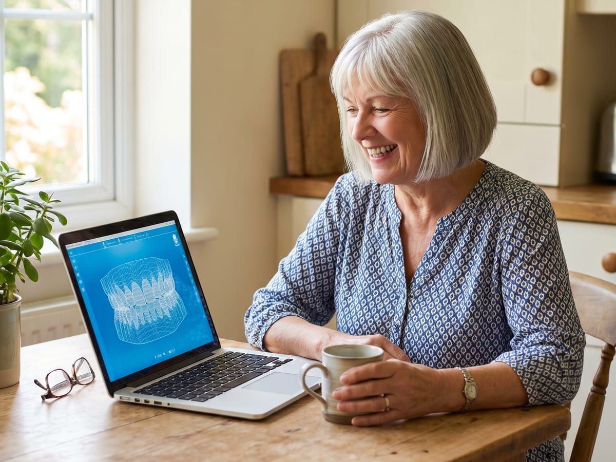 A woman smiling at a digital smile design on her laptop at home