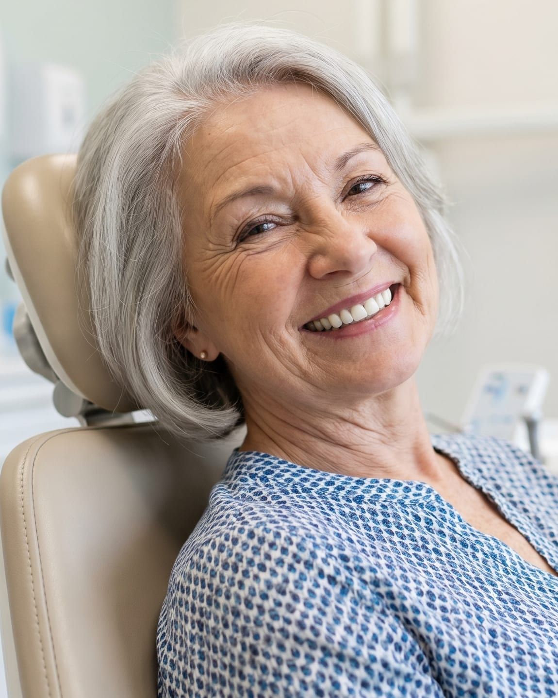 An older woman smiling comfortably in a dental chair